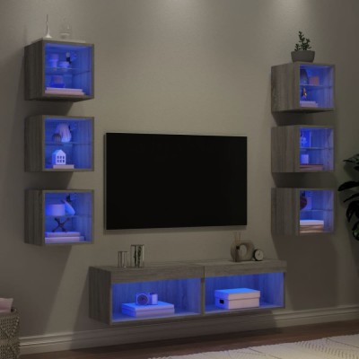 Unități de perete TV cu LED-uri, 8 piese, gri sonoma, lemn foto