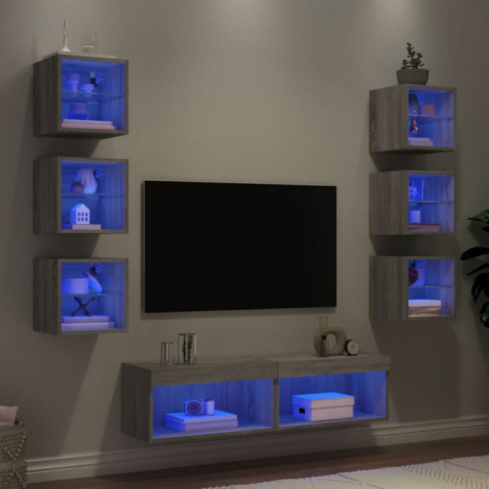 Unități de perete TV cu LED-uri, 8 piese, gri sonoma, lemn