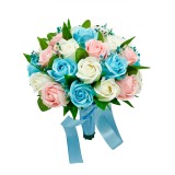 Buchet mare personalizabil cu trandafiri, Gypsophila si frunze (Bleu, Multicolor)