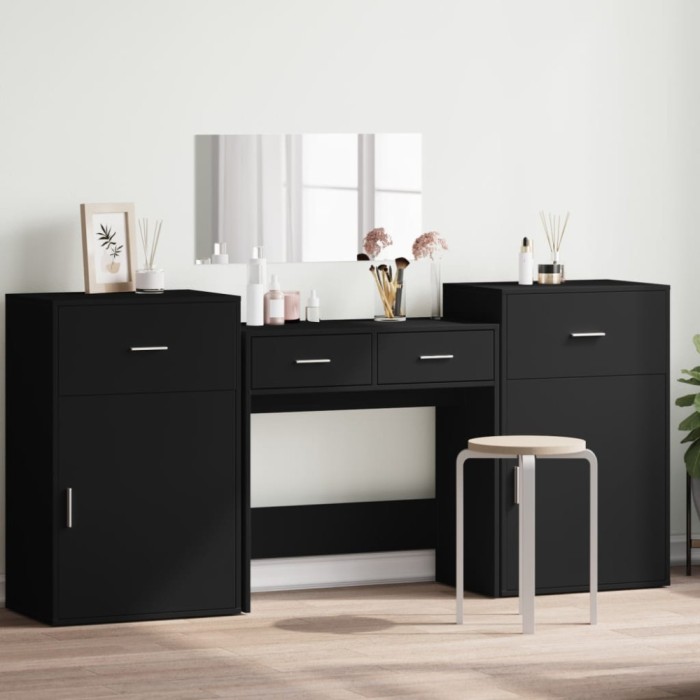 vidaXL Set de măsuță de toaletă, 4 piese, negru, lemn prelucrat