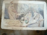 Acuarela 1925 semnata Virgil Gondoiu - Sobor de preoti ,dim=45x29cm , defecte