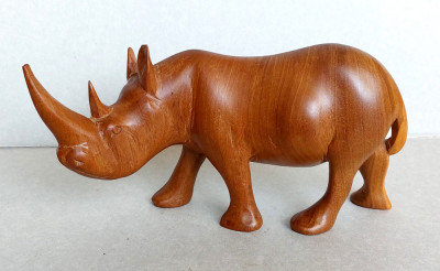 Rinocer - Statueta 18cm din lemn natur, sculptura vintage specie protejata foto