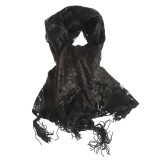 Esarfa neagra eleganta cu model floral si franjuri