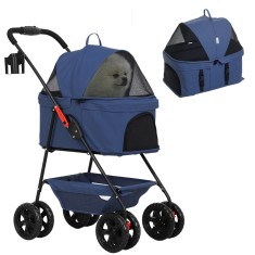 PawHut Cărucior pentru Animale de Companie 3 &icirc;n 1 cu 4 Roți și Geantă de Transport Detașabilă, 76x50x102 cm, Albastru | Aosom Romania