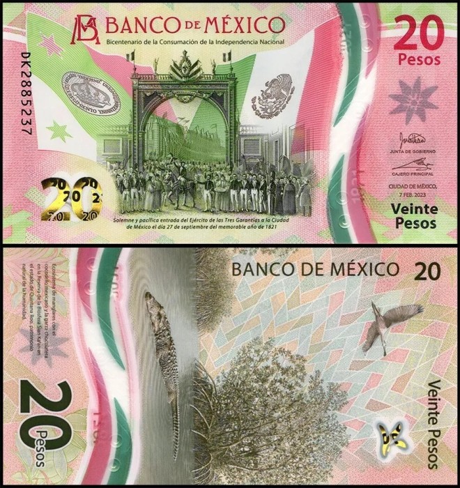 MEXIC █ bancnota █ 20 Pesos █ 2023 █ P-W132 (5) █ COMEMORATIV █ POLYMER █ UNC
