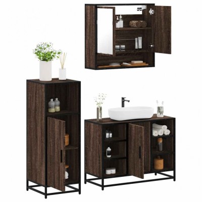 Gossi set mobilier de baie, 3 piese, stejar maro, lemn prelucrat foto