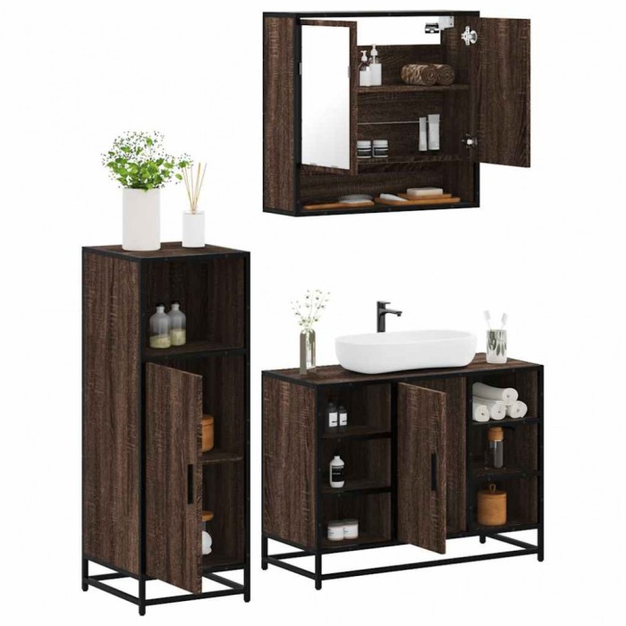 Gossi set mobilier de baie, 3 piese, stejar maro, lemn prelucrat