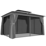 Outsunny Pavilion de Grădină 3,8x3 m cu Perdele, Plasă de Ț&acirc;nțari, C&acirc;rlige, Pavilion de Exterior cu Acoperiș Dublu, Orificii de Drenaj, Structură Meta