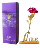 Trandafir suflat cu aur de 24K - Roz + Suport Love