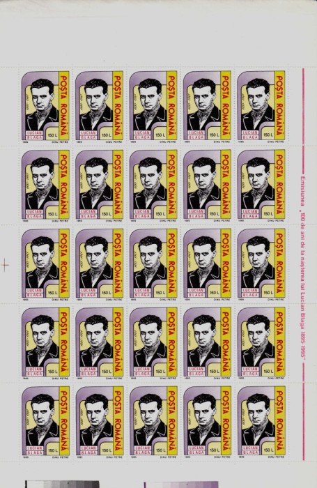 ✅ RO 1995 LP 1378 &quot;Lucian Blaga - 100 de ani de la nastere&quot; , serie in coala de 25 , MNH , defecte minore pe marginea lata