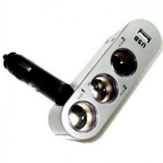 Multiplicator priza bricheta auto cu trei iesiri si priza USB fara cablu foto