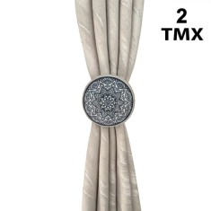 Set Brosă Decorativă Perdele, Model Mandala, Lemn, 2 Bucăți, Negru și Maro, 6cm