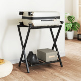 Suport Bagaje Pliabil Bambus Gossi Negru 68x38x58 cm, 2 Rafturi, Depozitare Valize &amp; Pantofi, Robust, Capacitate 70kg
