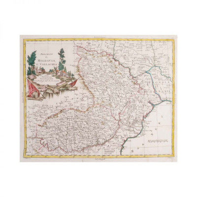 Antonio Zatta, Harta Principatului Moldovei și Valahiei, gravură colorată manual, 1789 - D foto