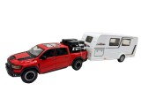 Macheta Ford Ram rosu Pickup cu Rulota Camping 1:32 metal lumini si sunete deschide usile