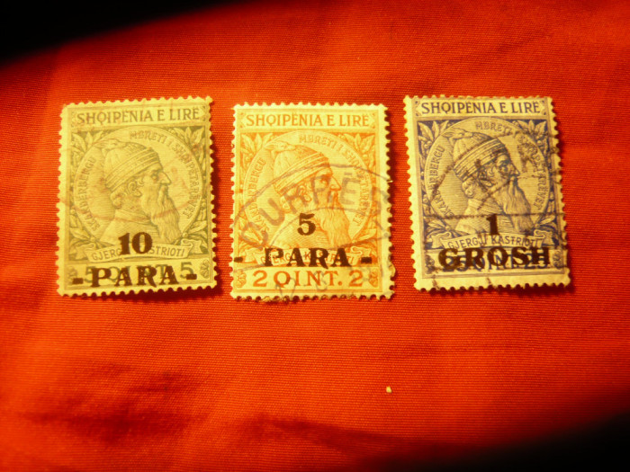 3 Timbre Albania 1914 Skandenberg , supratipar valori turcesti , stampilate