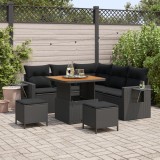 Set sofa gradina Gossi 8 piese cu perne negru ratan poli acacia, set dining gradina Gossi 3 piese cu perne negru ratan poli acacia