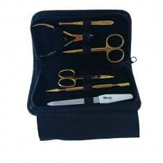 Trusa manichiura cu 6 instrumente si geanta depozitare, MM16-V20 81010, pila, spatula, penseta, 2 forfecute, cleste, auriu cu negru
