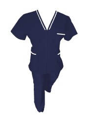 Costum Medical Pe Stil cu Elanstan, cu fermoar si cu garnitura Alba, Bluemarin, Model Adelina - M, 2XL foto