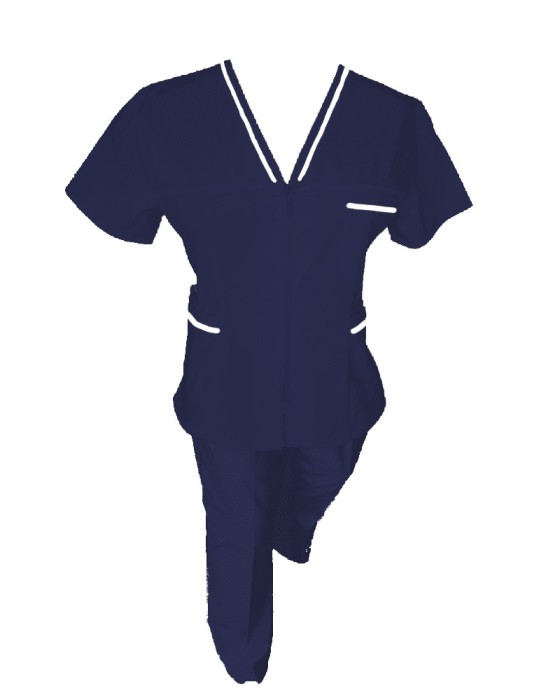 Costum Medical Pe Stil cu Elanstan, cu fermoar si cu garnitura Alba, Bluemarin, Model Adelina - 3XL, 2XL