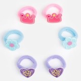 Elastice de par frotte pentru copii, set 6 buc, roz, bleu si lila, cu aplicatii coroana, floare si inima, CMCLASS