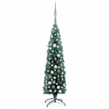 Brad Crăciun artificial subțire, LED-uri&amp;globuri, verde, 120 cm