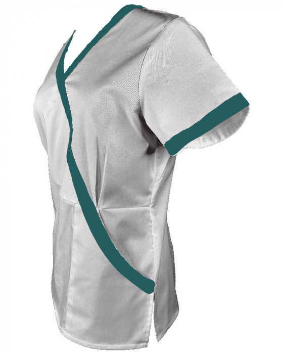 Halat Medical Pe Stil, alb cu Elastan și cu Garnitură turcoaz inchis, Model Marinela - XS