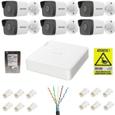 Kit supraveghere IP Hikvision 6 camere 2MP IR 30m PoE Lentila 2.8mm, NVR 8 canale 6MP PoE, accesorii montaj, HDD 1TB + Autocolant Rovision SafetyGuard