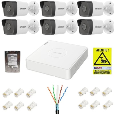 Kit supraveghere IP Hikvision 6 camere 2MP IR 30m PoE Lentila 2.8mm, NVR 8 canale 6MP PoE, accesorii montaj, HDD 1TB + Autocolant Rovision SafetyGuard foto