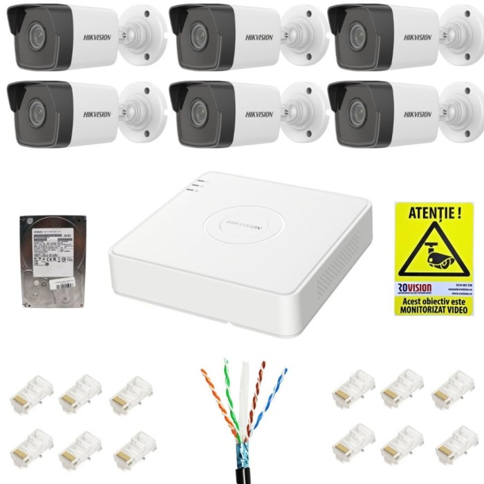 Kit supraveghere IP Hikvision 6 camere 2MP IR 30m PoE Lentila 2.8mm, NVR 8 canale 6MP PoE, accesorii montaj, HDD 1TB + Autocolant Rovision SafetyGuard