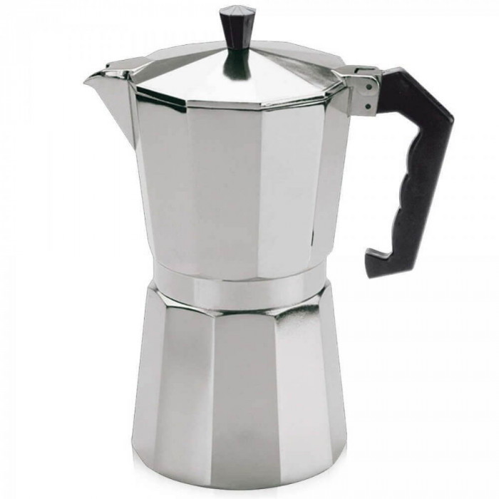 Espressor Aluminiu pentru 9 Cesti, Aringtiu/Negru, Espressor Aluminiu, Cafetiera Aluminiu, Espresor 9 Cafele, Espressor 9 Portii, Cafetiera Espressor,