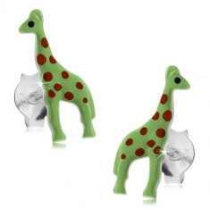 Cercei cu șurub, argint 925, girafă verde neon cu buline roșii