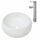 Chiuvetă de baie cu robinet mixer, ceramică, rotund, alb