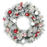 HOMCOM Ghirlandă de Crăciun &icirc;nzăpezită de 60 cm cu LED-uri, 8 moduri, 140 ramuri, 8 boabe și 15 globulețe decorative, Verde | Aosom Romania