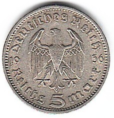 SV * Germania 5 MARCI / FUNF REICHS MARK 1936 * ARGINT * XF