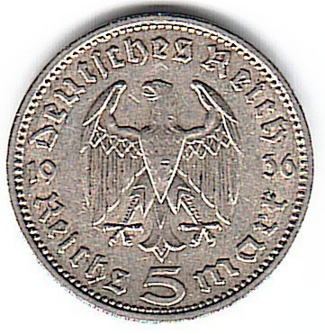 SV * Germania 5 MARCI / FUNF REICHS MARK 1936 * ARGINT * XF foto