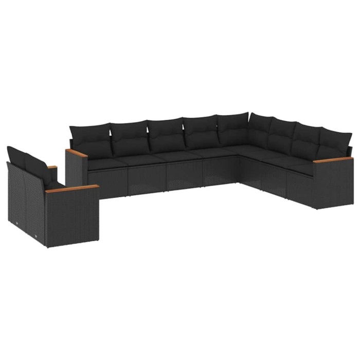 Set canapele de gradina cu perne, 10 piese, negru, poliratan