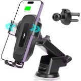 Suport Telefon Auto X15 cu Incarcare Wireless 15W, Brat Extensibil, Prindere pe Bord sau Grila de Ventilatie, Baterie Backup 40mAh, Control Inteligent