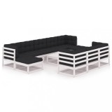 Set mobilier gradina cu perne, 11 piese, alb, lemn masiv pin