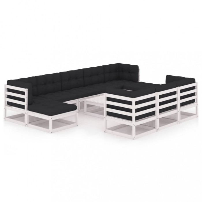 Set mobilier gradina cu perne, 11 piese, alb, lemn masiv pin