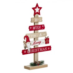 Decorațiune Crăciun Lemn, Brad, Mesaj &quot;We Wish You a Merry Christmas&quot;, Gnome, 36.5cm, Roșu și Maro