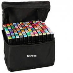 Set 120 markere, 2 capete subtire si gros, cu geanta de depozitare si suport din plastic, multicolore