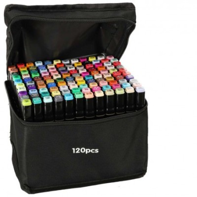 Set 120 markere, 2 capete subtire si gros, cu geanta de depozitare si suport din plastic, multicolore foto