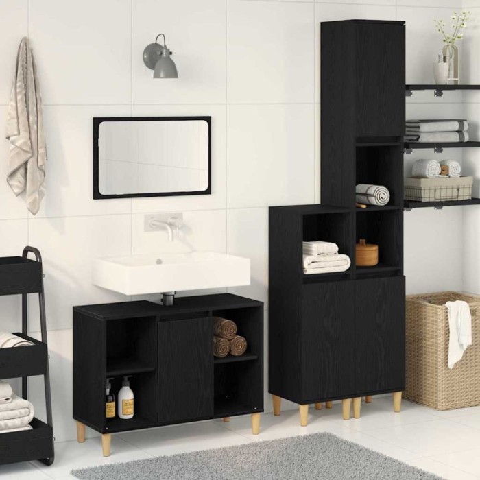 vidaXL Set de mobilier pentru baie cu ușă 3 pcs Negru 60 x 30 x 60 cm