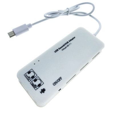 Hub cu conector USB Tip C si placa de sunet, 2in1, cu 3 porturi USB, interfata USB 2.0, iesire 3 x jack 3.5mm mama, indicator Led, cu cablu 45 cm, alb foto