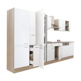 Mobilier de bucătărie Yorki 370, cu corp din stejar Sonoma, fațade albe cu finisaj satinat, cu dulap cu rafturi și frigider cu congelator &icirc;n partea de