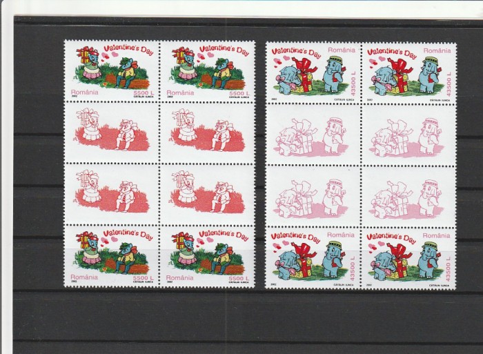 ROMANIA 2002 LP 1579 a ZIUA INDRAGOSTITILOR BLOCURI DE 4 TIMBRE+VINIETE MNH NESTAMPILATE