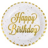 Farfurii de petrecere carton alb cu dungi din folie aurie Happy Birthday, CMCLASS