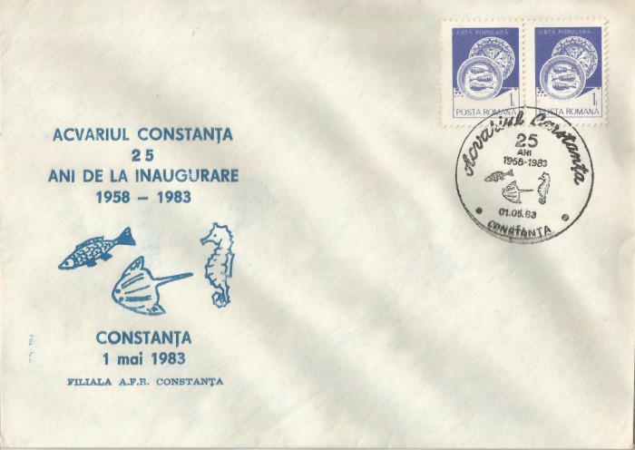 Rom&acirc;nia, Acvariul Constanţa, 25 ani de la inaugurare, plic, Constanţa, 1983