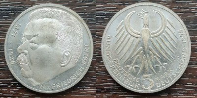 (A866) MONEDA DIN ARGINT GERMANIA - 5 MARK 1975, LIT J, FRIEDRICH EBERT foto